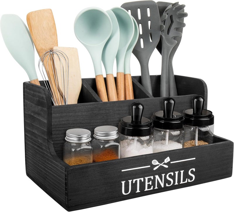 RedCall Extra Large Kitchen Utensils Holder 4 Compartments,Wood Utensil Organizer for Kitchen Countertop,Farmhouse Cooking Utensil Holder with Spice Storage space (Black) - Image 1